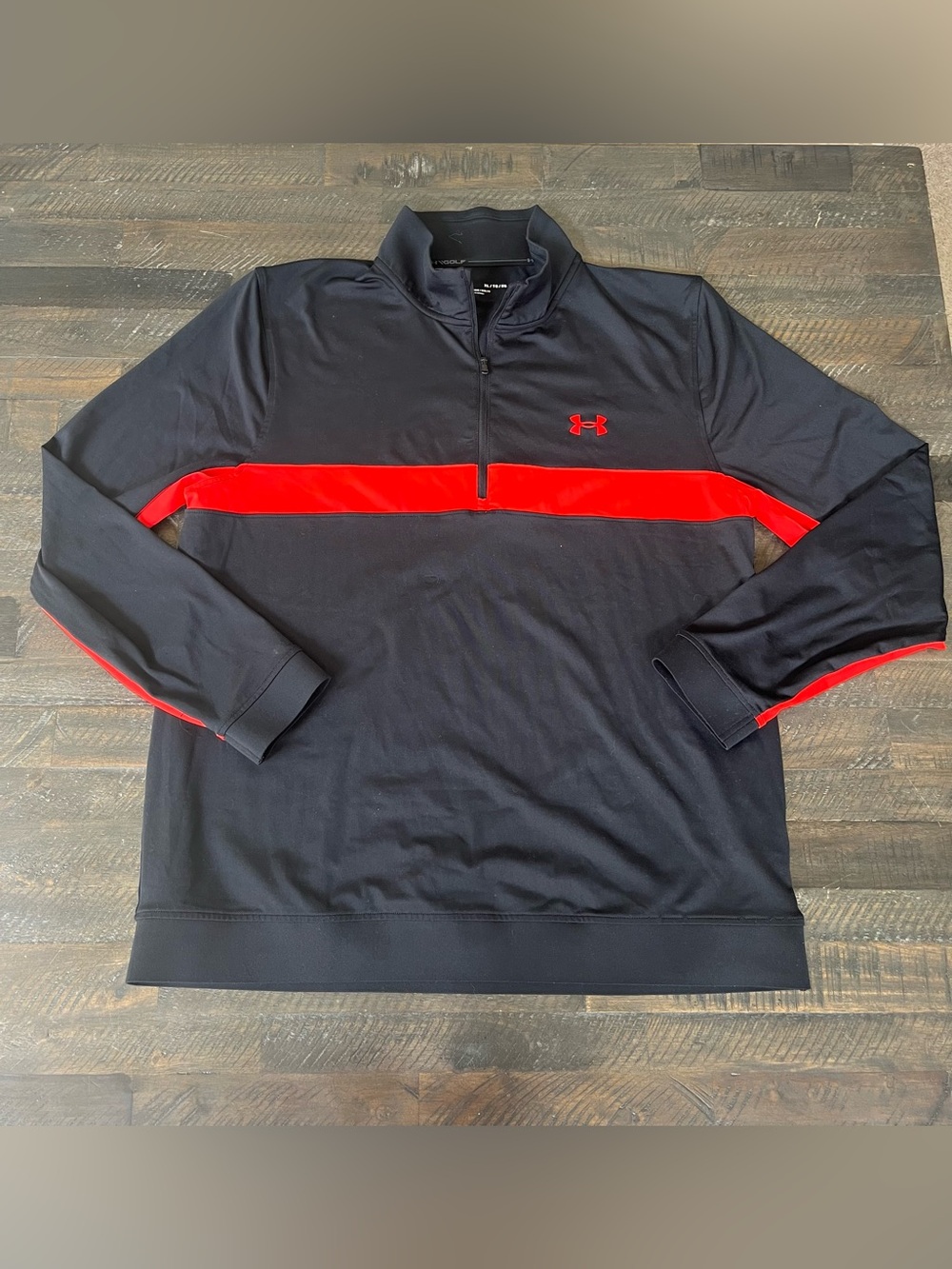 Under Armour Golf Men's XL Storm 1/4 Zip Pullover Black Red Stripe Loose Fit